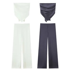 Haut Halter Triangle En Satin Pour Femmes Et Pantalon Large Taille Haute Couleur Unie Streetwear Sans Manches Été