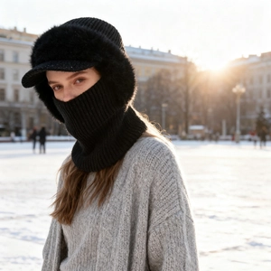 Black striped knit hat with scarf and face shield for winter warmth in outdoor snow scene