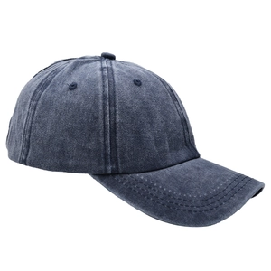 Detailed close-up of washed navy cotton baseball cap with six-panel stitching and eyelets