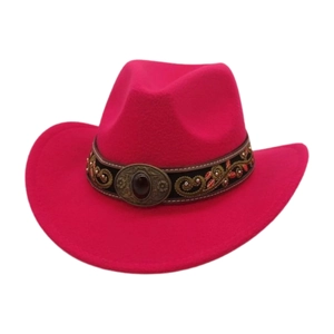 Detailed view of magenta felt cowboy hat with ethnic style embroidered band and gemstone buckle
