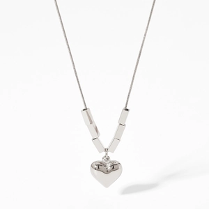 Minimalist silver heart pendant necklace with square beads and snake chain for women