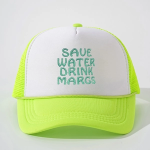 Save Water Drink Margs embroidered trucker hat with neon green mesh and adjustable back