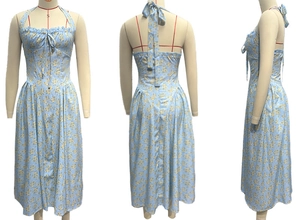 Detailed front, back, and side views of light blue floral halter dress with side drawstring