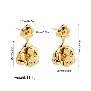 Detailed view of 18K gold camellia drop earrings with precise 38mm height dimensions
