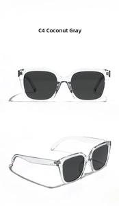 Detail view of square oversized sunglasses with C4 coconut grey frames and dark lenses