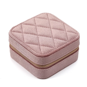 Pink quilted velvet jewelry box with metal zipper for earrings rings and necklaces storage