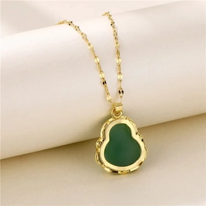 Hip hop titanium steel necklace with gold Buddha pendant and green chalcedony stone