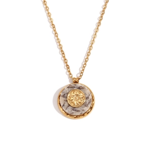 18K gold plated stainless steel necklace featuring a sunburst marble round pendant