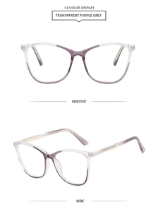 Detail of cat eye TR90 blue light blocking glasses frames in gradient transparent purple grey