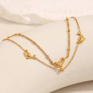 18K gold plated double-layer stainless steel dolphin bracelet with polished metal beads