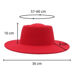 Size guide for red wool felt fedora showing 57-60cm head size and 8cm wide brim