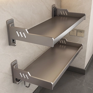 Wall-mounted gun grey kitchen spice rack set in brushed aluminum with hanging hooks