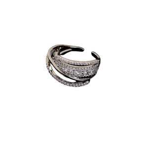 Sparkling multi-layer crisscross zircon ring with adjustable open band in gunmetal grey