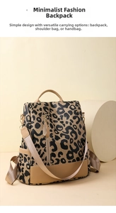 Detail of leopard print backpack showing leather trim and multi-way carrying straps