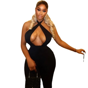 Sexy black backless halter neck jumpsuit in stretchy slim fit for a stylish party look