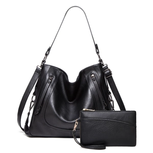 Schicke schwarze Shopper-Tasche aus PU-Leder mit passender Clutch, große Handtasche Damen