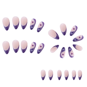 Medium almond press-on nails with purple and pink French heart designs on white background