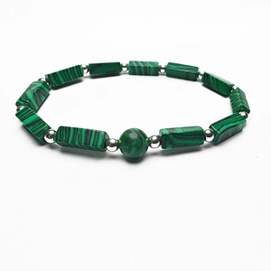 Handmade natural malachite bracelet with rectangular beads and silver spacers for women