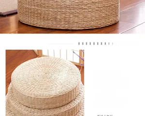 Detailed view of handmade straw woven round tatami meditation floor cushions