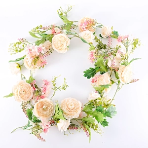 Artificial rose vine garland with pink and champagne silk flowers for home wall decoration