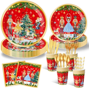 Nutcracker themed Christmas party tableware set with plates cups and wooden cutlery