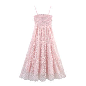 Robe Maxi Camisole En Maille Smockée Broderie Florale Rose Gâteau À Étages Vacances D'été Sans Manches Femmes