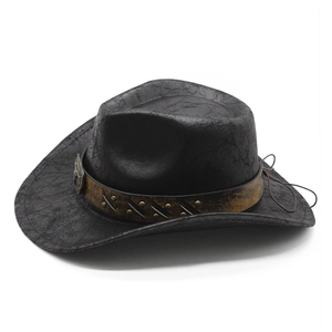 Vintage black cracked leather western cowboy hat with metal studded band and wide brim