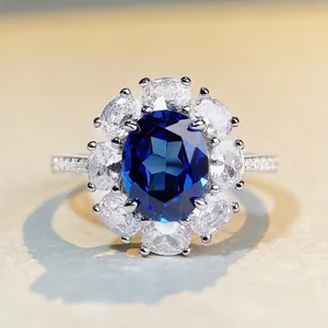 Luxury 925 Sterling Silver Flower Cluster Halo Ring Oval Rhinestone Inlaid Fashion Jewelry For Women Elegant Ring Gift