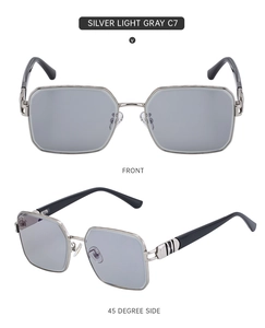 Front and side view of square silver sunglasses with light gray lenses and black arms