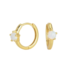 Detailed close-up of gold-plated sterling silver hoop earrings with white opal inlay