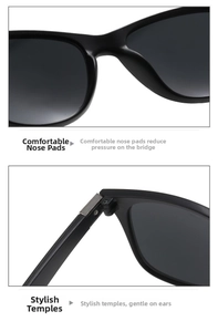 Detail of ergonomic integrated nose pads and sleek metallic hinges on black sunglasses