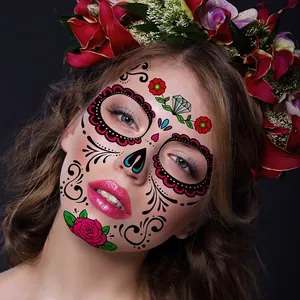 Sugar Skull Halloween face tattoo sticker with red roses and green diamond motifs