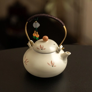 Beige ceramic teapot with pink floral patterns and a woven rope handle in a still life view