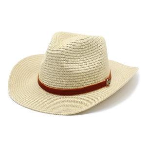 Classic straw western cowboy hat in beige with brown decorative band and gold M detail