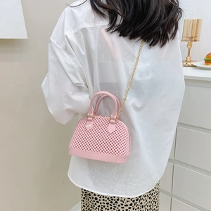 Pink pearl texture PVC jelly shell bag with metal chain strap for women and kids