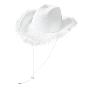 Detail of white western cowboy hat featuring feather trim brim and adjustable chin cord