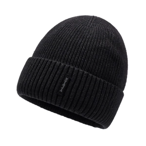 Classic black ribbed knit beanie with silver letter tag for winter warmth and windproof use