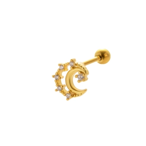 Macro shot of gold moon and star cartilage studs with zircon inlay and screw ball back