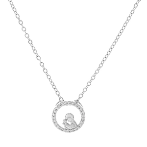 Macro shot of silver ring pendant with zircon pave and mother-child silhouette detail