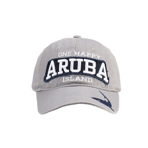 Gray washed cotton golf cap with One Happy Aruba Island embroidery and shark logo detail