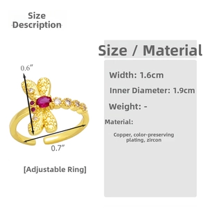 Detailed size chart for golden dragonfly ring with zircon wings and purple gem