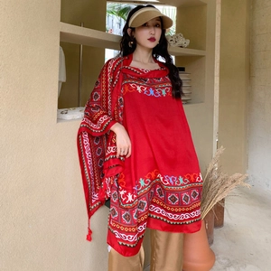 Ethnic style red beach shawl scarf with fringe details and vibrant geometric patterns