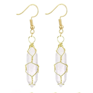 Handmade gold wire wrapped clear hexagonal crystal pendant hook earrings for women