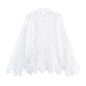 Elegant white lace blouse for women featuring long sleeves and floral embroidery back view