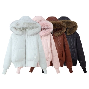 Women's padded parka with large fur hood in white, pink, brown, and black shiny fabric