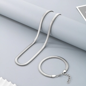 Detailed view of silver flat snake chain necklace and bracelet set with lobster clasp
