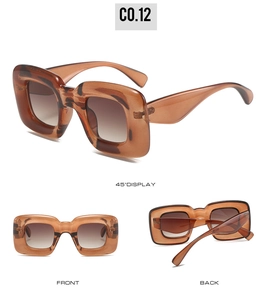 Detailed views of vintage square brown sunglasses with gradient lenses and resin frame