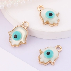 Three Hamsa Hand charms in white enamel and gold metal for DIY jewelry making