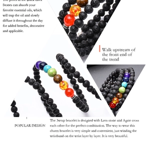 Détail du bracelet triple tour en pierre de lave et perles d'agate multicolores