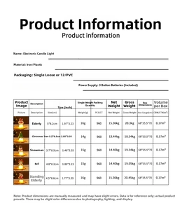 Size chart showing dimensions and weight for Santa and Snowman LED Christmas candle lights